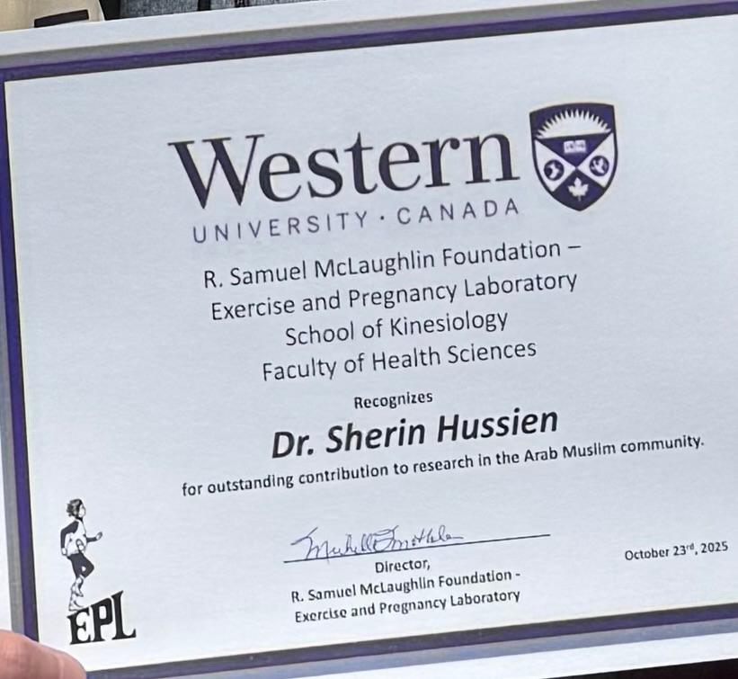 Western University certificate of recognition for Dr. Sherin Hussien